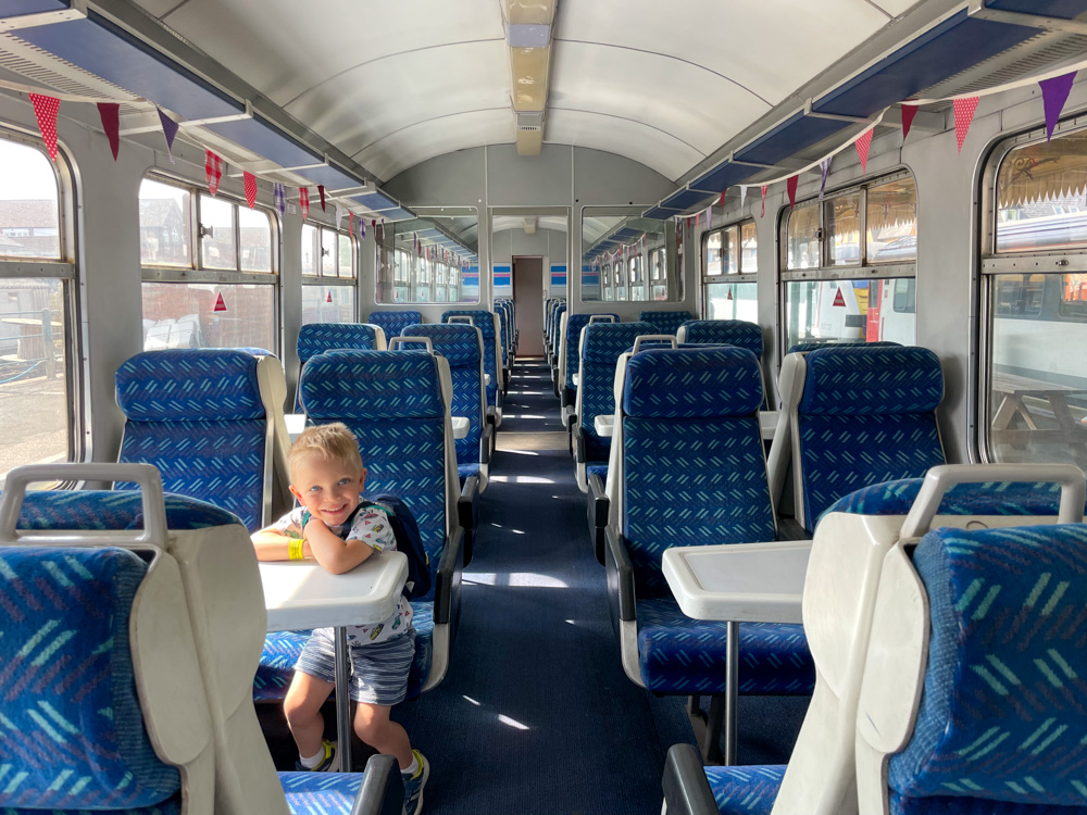 Paola Bertoni's son on an historical carriage of Mid-Norfolk Railway