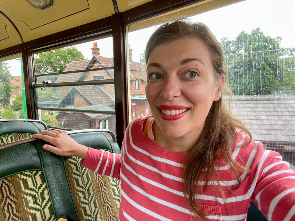 Paola Bertoni aboard a bus of the East Anglia Transport Museum in Carlton Colville, Lowestoft